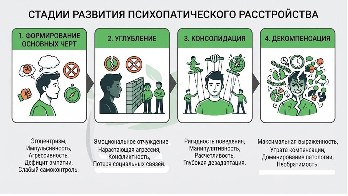 Инфографика: стадии развития психопатического расстройства (формирование основных черт, углубление, консолидация, декомпенсация).